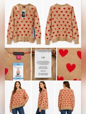 Vince Camuto Womens Large Heart Print Sweater Camel Red Hearts Crew Neck NWT.